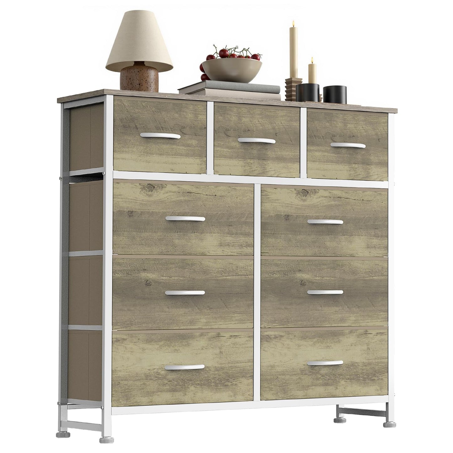 7-Drawer Fabric Dresser Storage Tower with Steel Frame and Wood Top