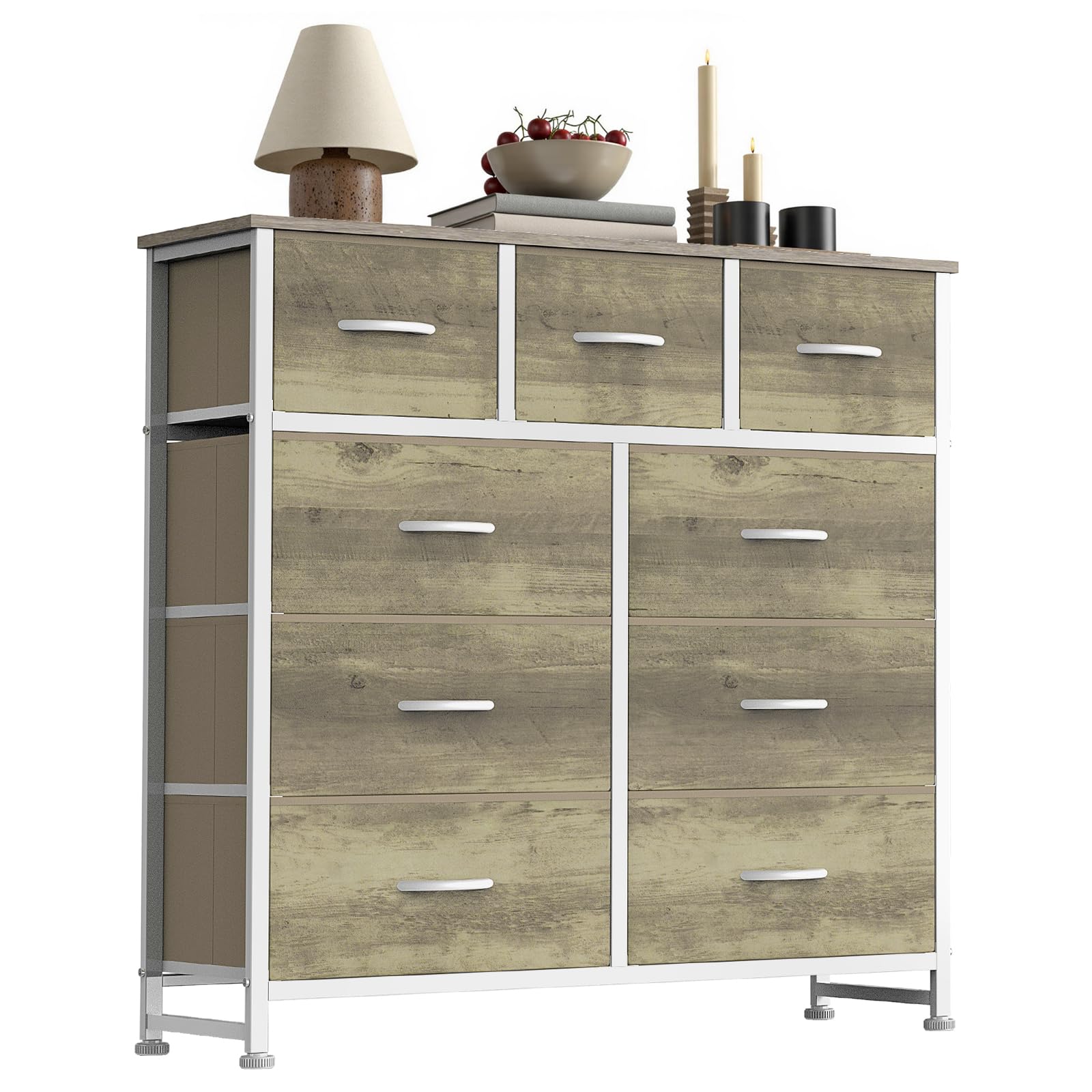 7-Drawer Fabric Dresser Storage Tower with Steel Frame and Wood Top
