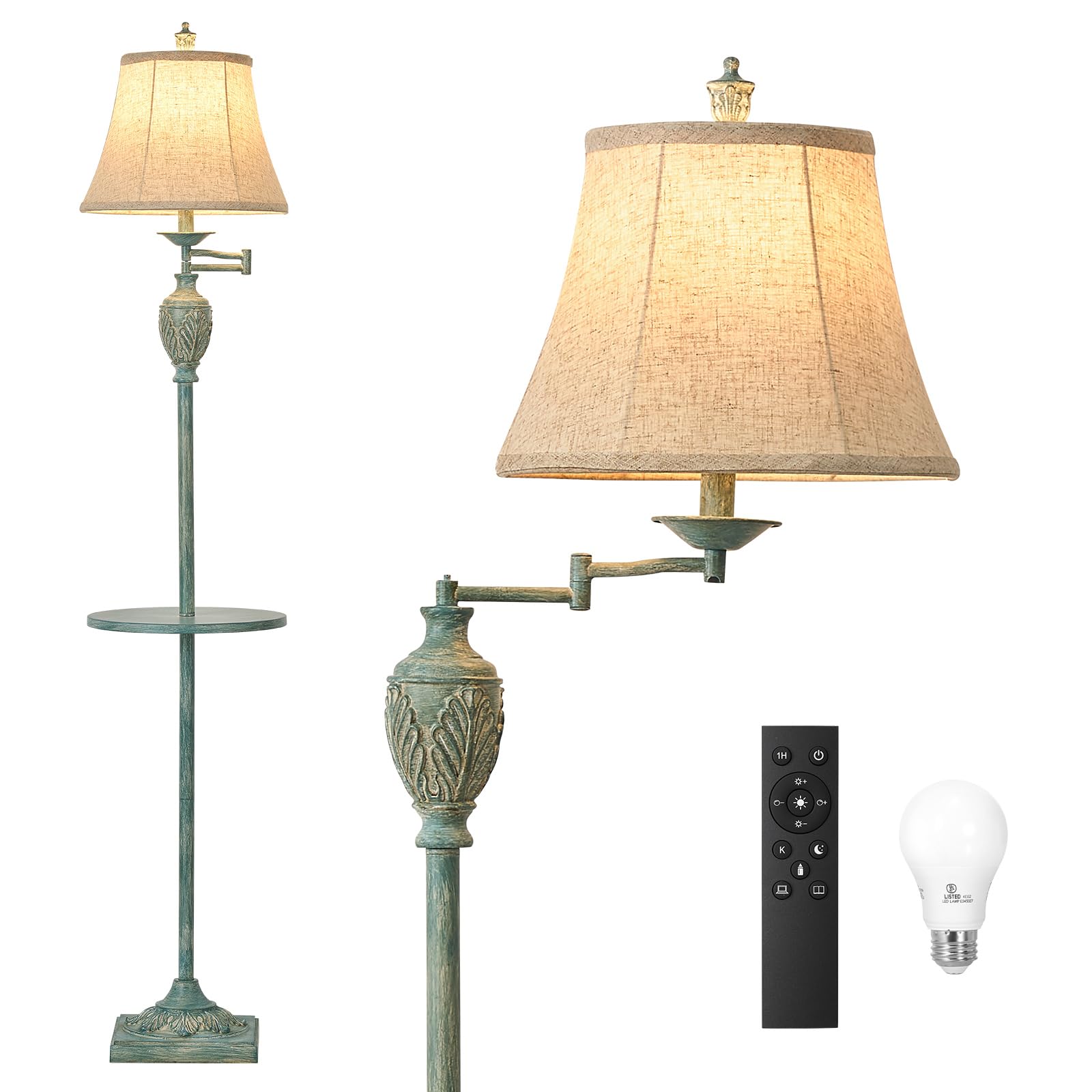 Vintage LED Floor Lamp with Adjustable Swing Arm Faux Silk Shade Rustic Standing Light for Living Room Bedroom Office
