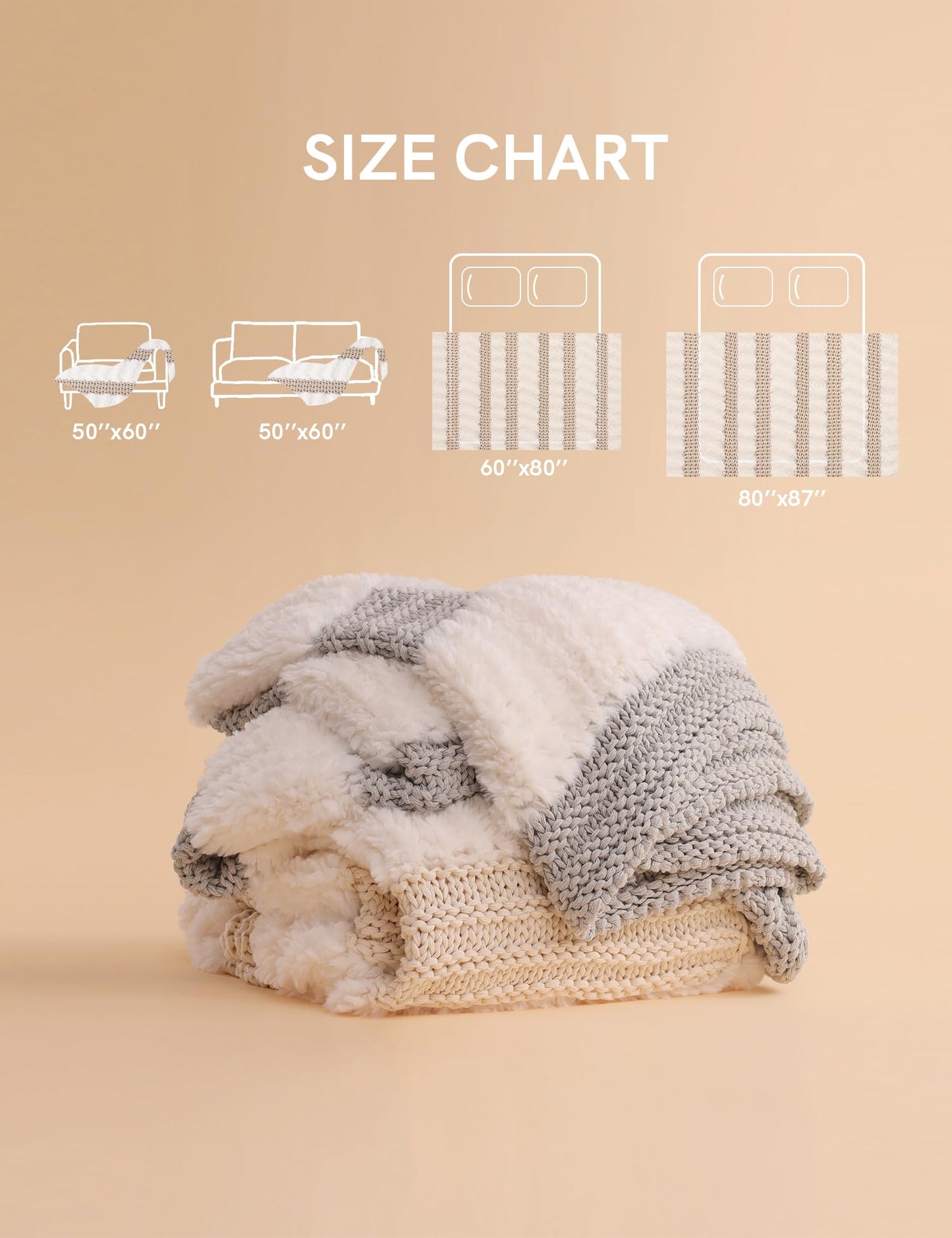 Ultra Soft Faux Rabbit Fur Chunky Knit Throw Blanket Reversible Plush Sofa Bed Decor