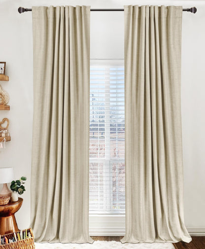 100% Blackout Linen Curtains Thermal Insulated Back Tab Rod Pocket Drapes for Bedroom Living Room