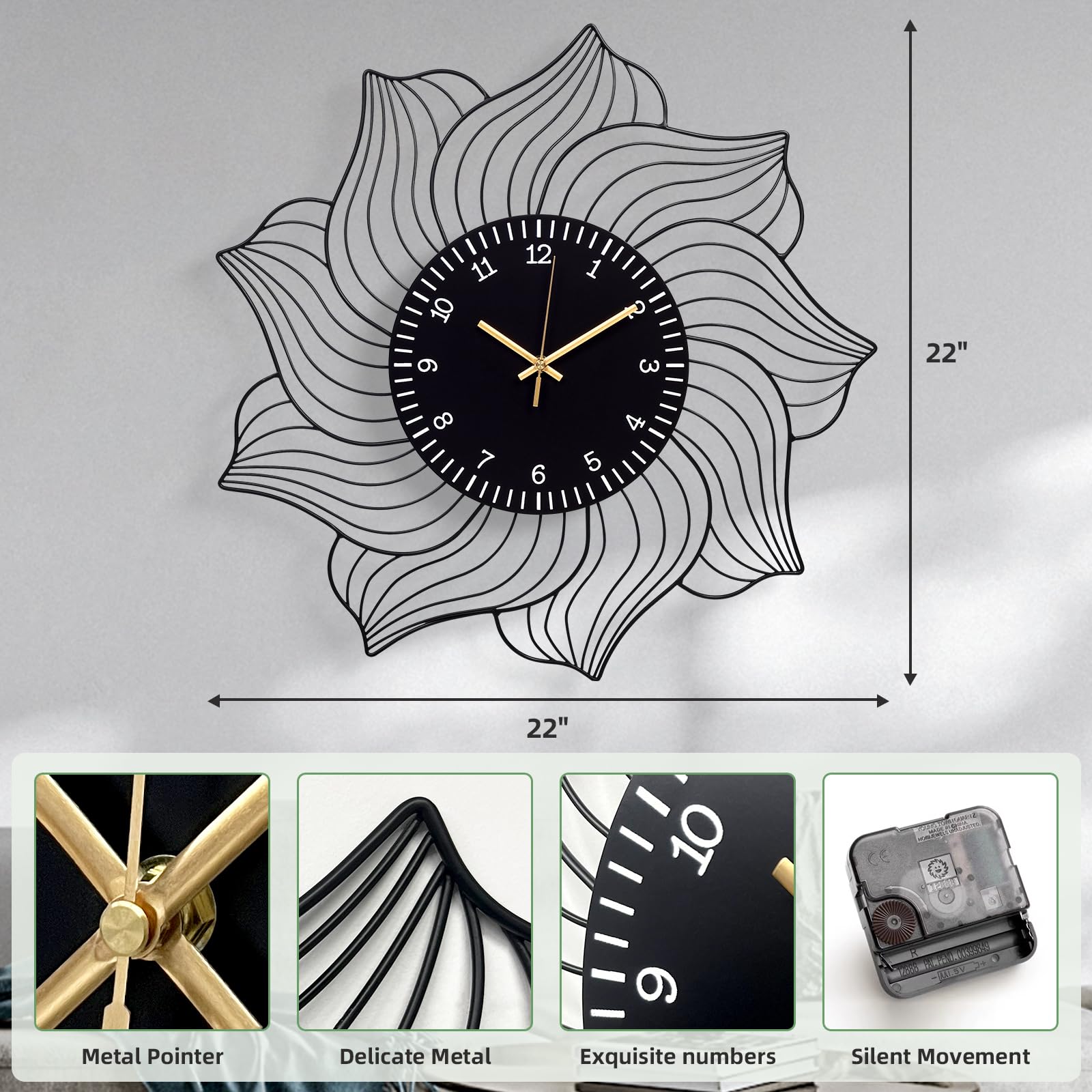 Silent Non-Ticking Metal Wall Clock Battery Operated Modern Decorative Clock for Living Room Bedroom Kitchen Office