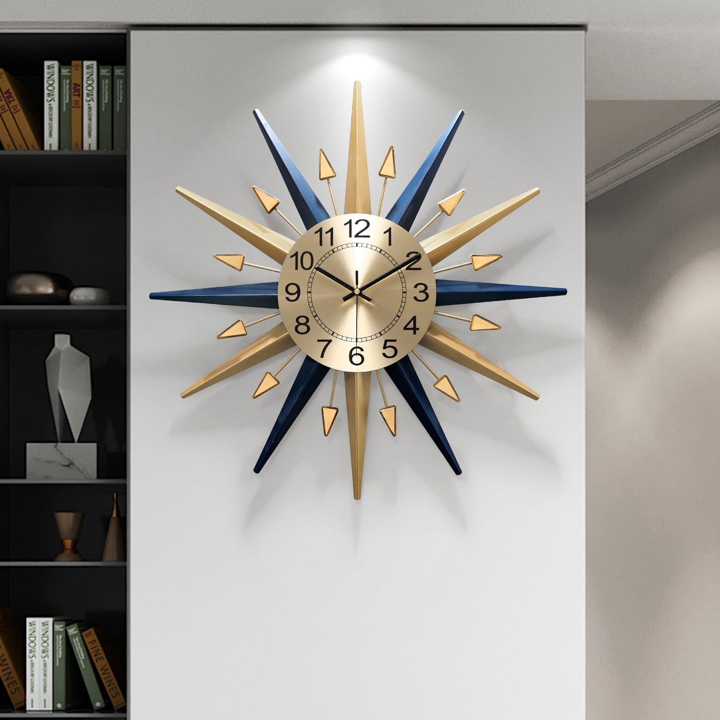 Mid-Century Starburst Metal Wall Clock with Crystal Accents Large Decorative Wall Clock for Home Office Living Room Kitchen