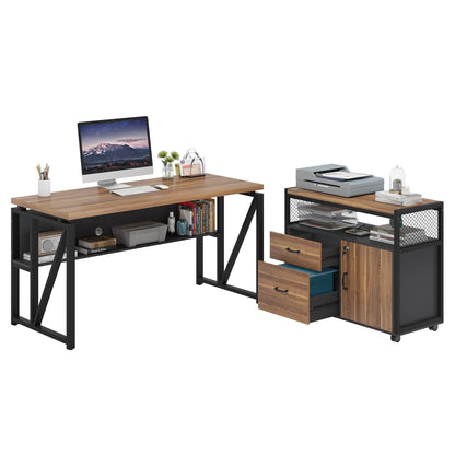 L-Shaped Executive Desk with Drawer Cabinet and File Storage Home Office Furniture