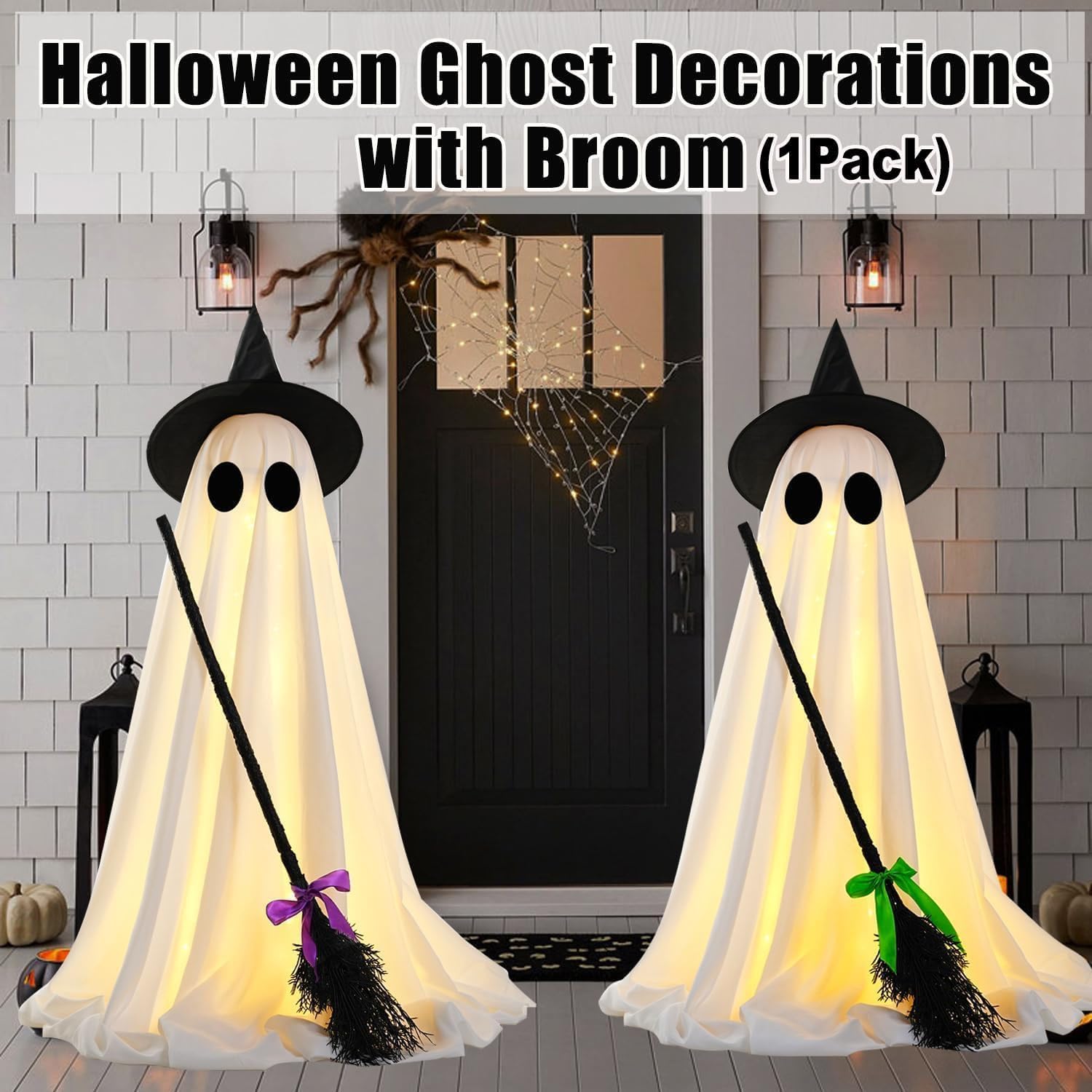 Halloween Ghost Decoration with LED Lights and Witch Broom Indoor Outdoor Porch Yard Garden Decor