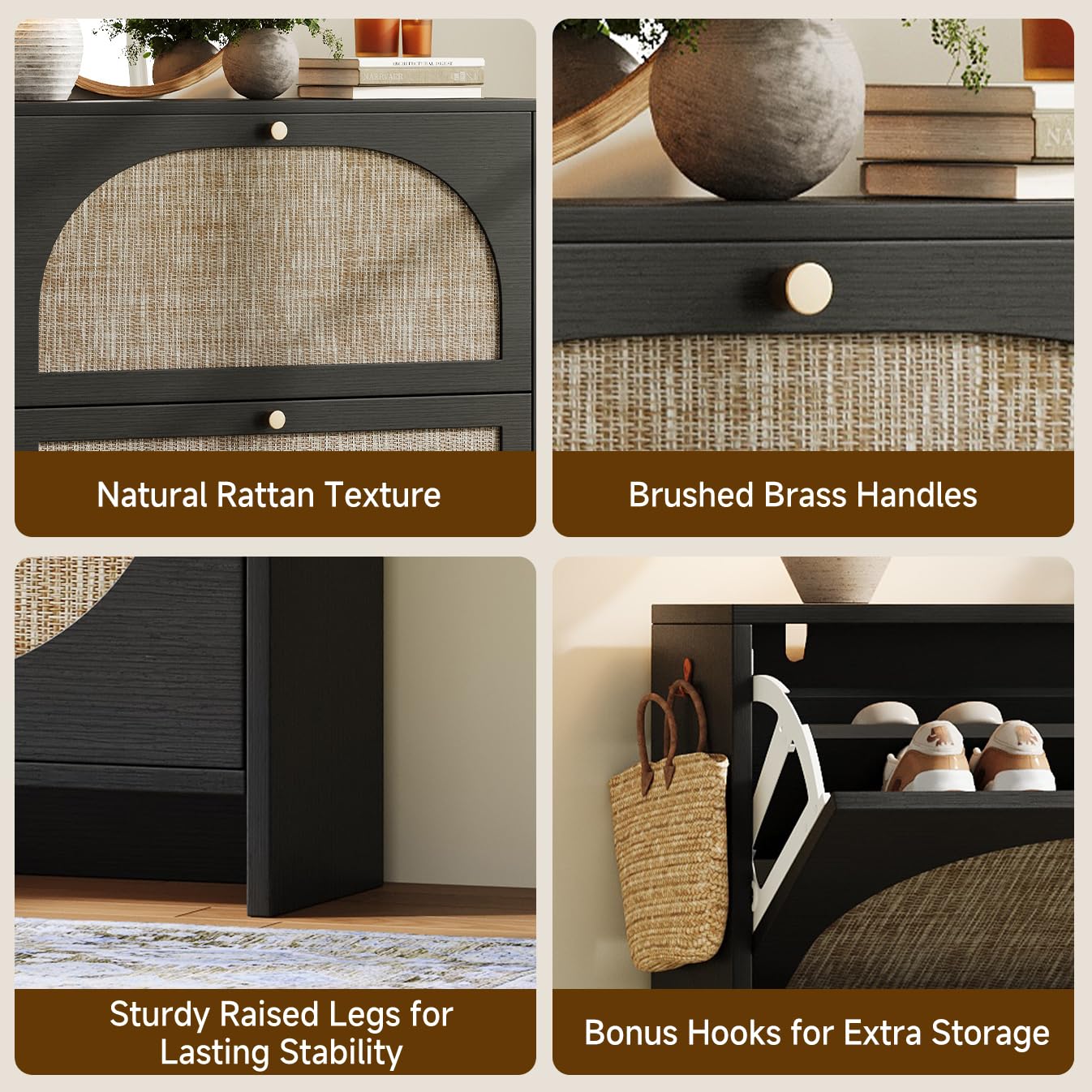 Rattan Arched Shoe Cabinet with Flip Drawers and Adjustable Shelves Entryway Storage Rack