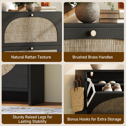 Rattan Arched Shoe Cabinet with Flip Drawers and Adjustable Shelves Entryway Storage Rack