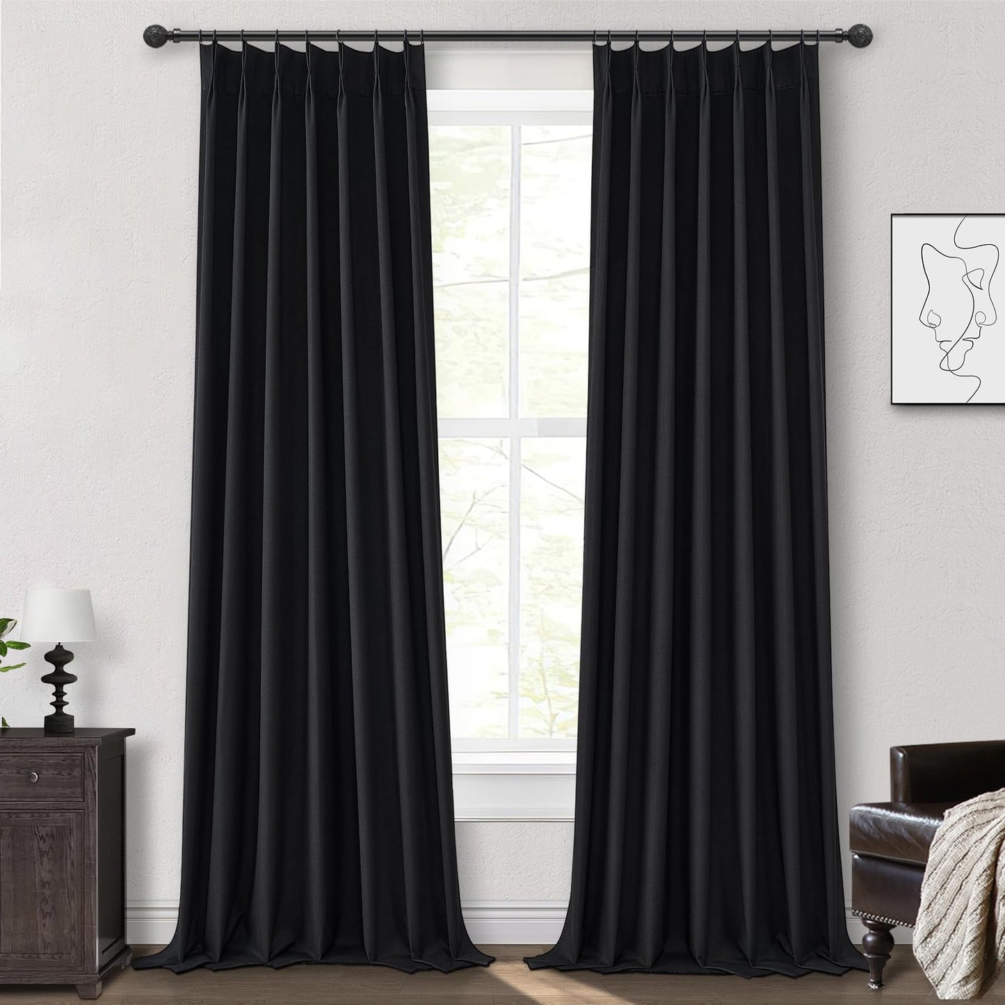 Linen Pinch Pleated Blackout Curtains 2 Panels Drapes for Living Room Bedroom