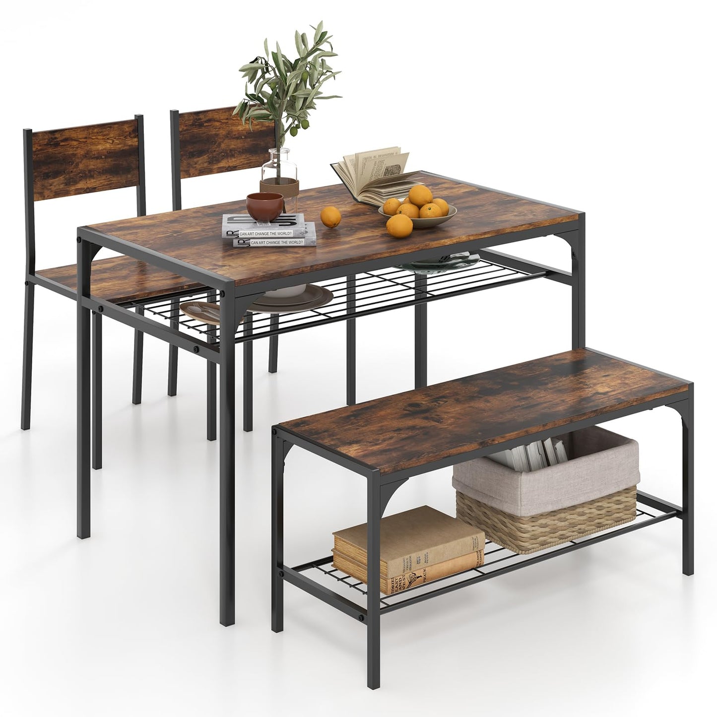 Dining Table Set for 4 with Bench, Metal Frame and Storage Rack, Modern Small Space Design
