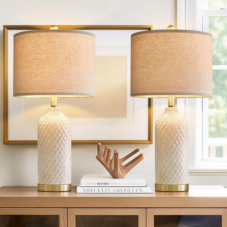 Modern Silver Ceramic Table Lamp Set of 2 Bedside Nightstand Lamps for Bedroom Living Room