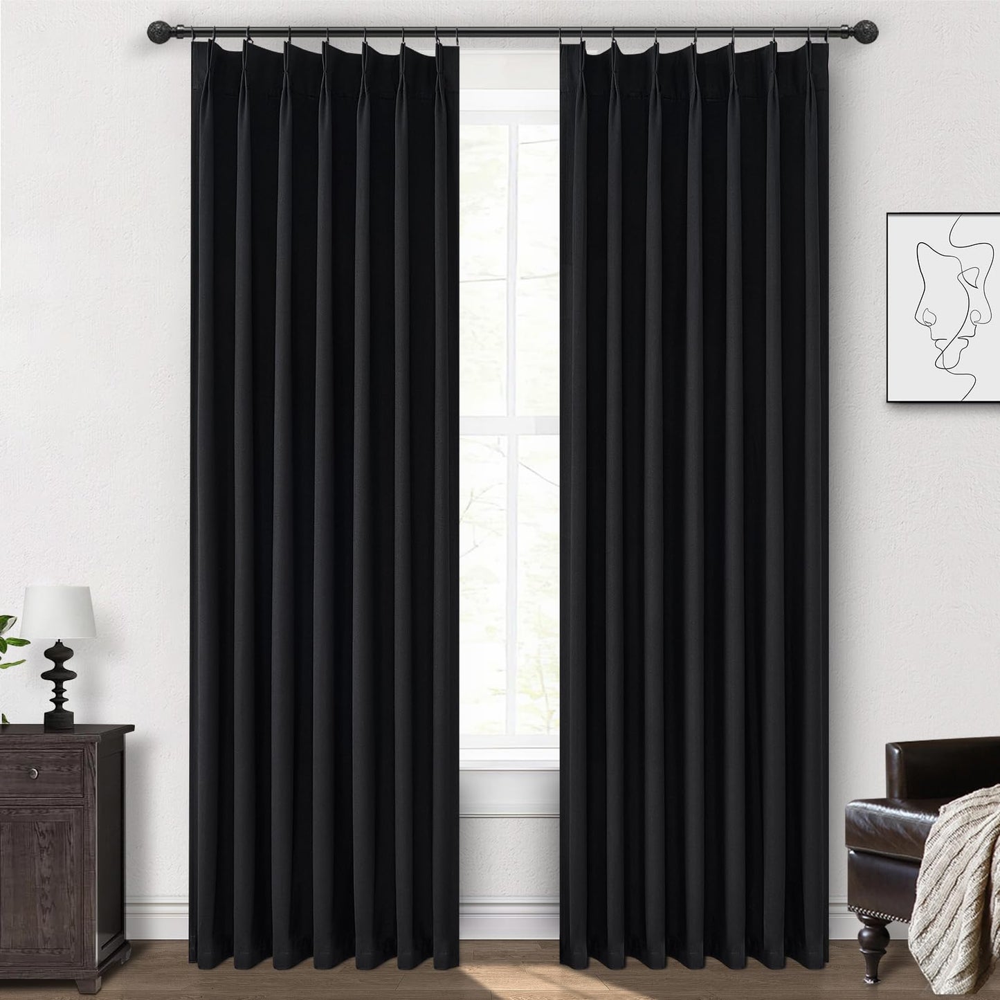 Linen Pinch Pleated Blackout Curtains 2 Panels Drapes for Living Room Bedroom