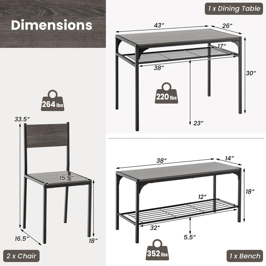 Dining Table Set for 4 with Bench, Metal Frame and Storage Rack, Modern Small Space Design