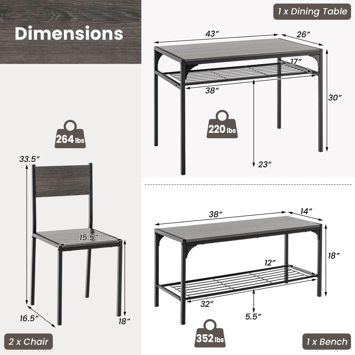 Dining Table Set for 4 with Bench, Metal Frame and Storage Rack, Modern Small Space Design