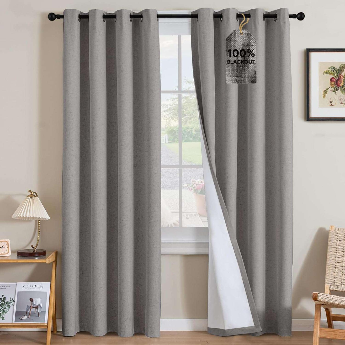 Linen Blackout Curtains Thick Textured Thermal Insulated Extra Wide Grommet Patio Door Drapes