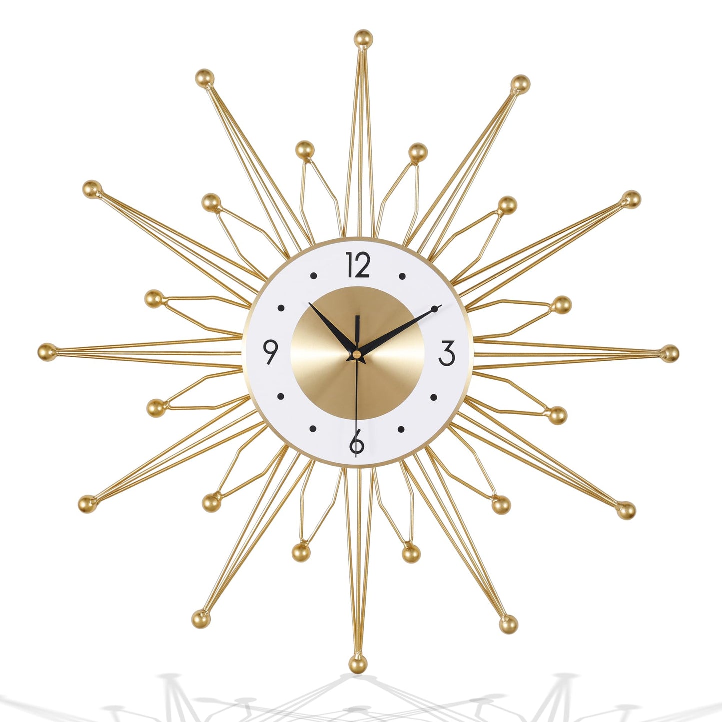 Silent Gold Metal Starburst Wall Clock 23 Inch Mid Century Modern Battery Operated Decorative Clock for Living Room Kitchen Office