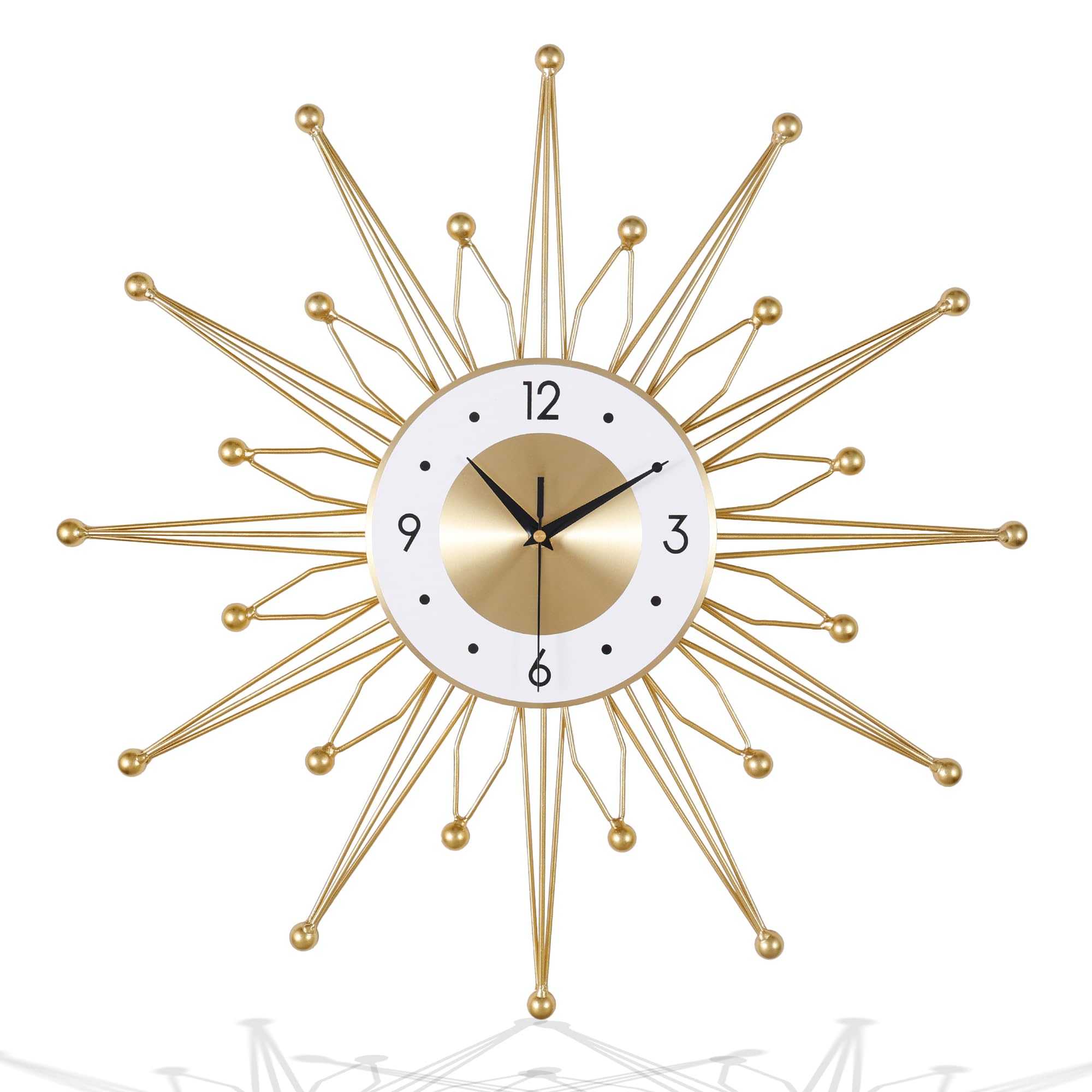 Silent Gold Metal Starburst Wall Clock 23 Inch Mid Century Modern Battery Operated Decorative Clock for Living Room Kitchen Office