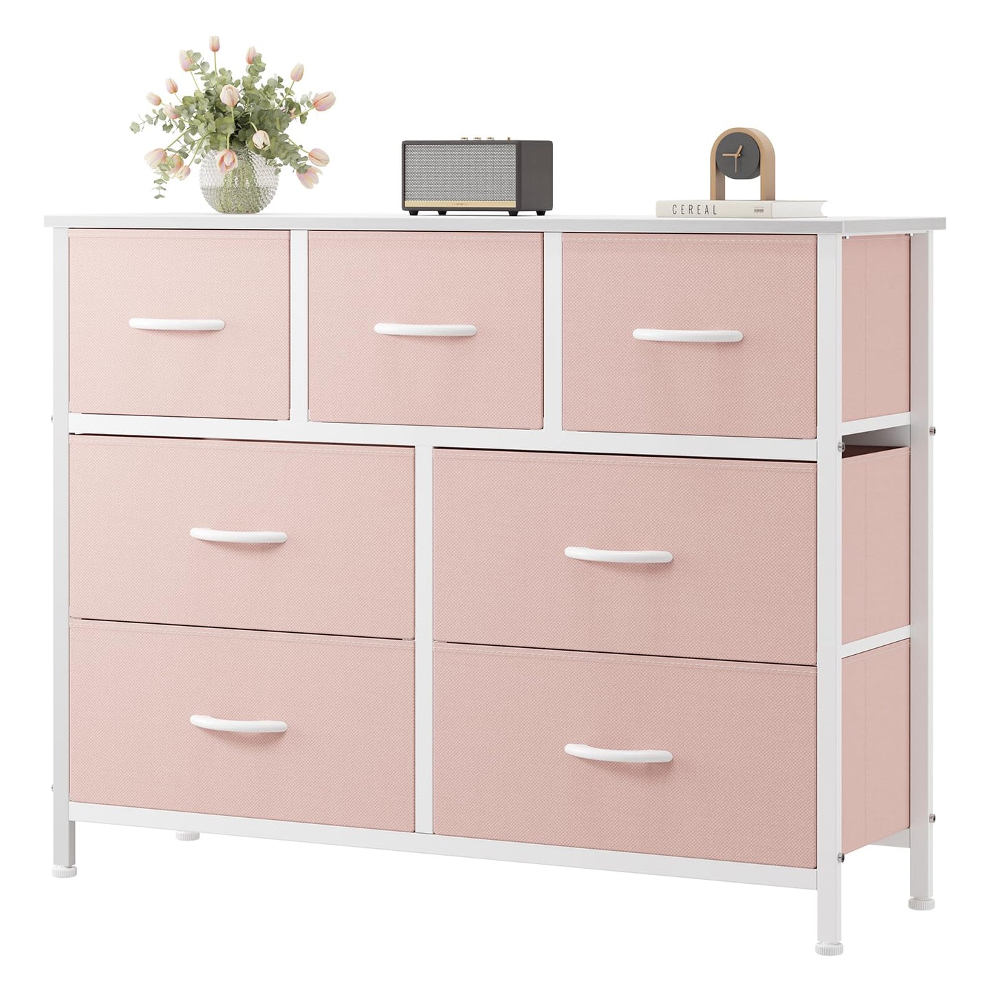 7-Drawer Fabric Dresser Storage Tower with Steel Frame and Wood Top