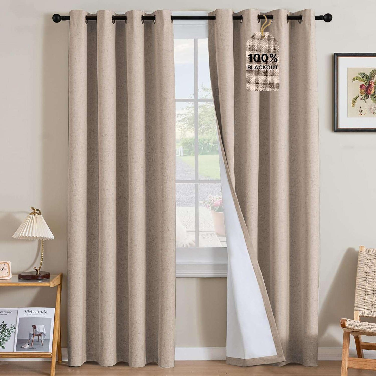 Linen Blackout Curtains Thick Textured Thermal Insulated Extra Wide Grommet Patio Door Drapes