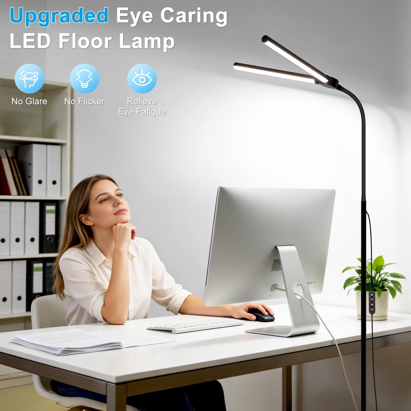 Adjustable Dual Head LED Floor Lamp Dimmable Bright Task Standing Light for Reading Office Living Room Bedroom