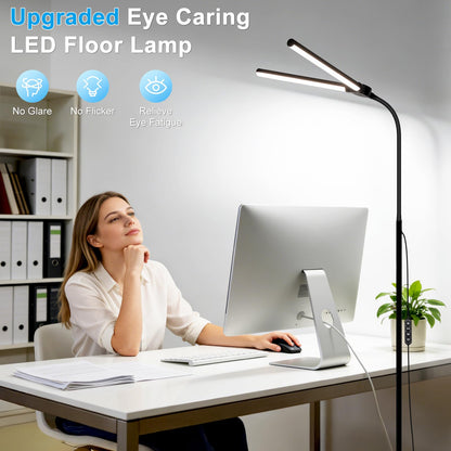 Adjustable Dual Head LED Floor Lamp Dimmable Bright Task Standing Light for Reading Office Living Room Bedroom