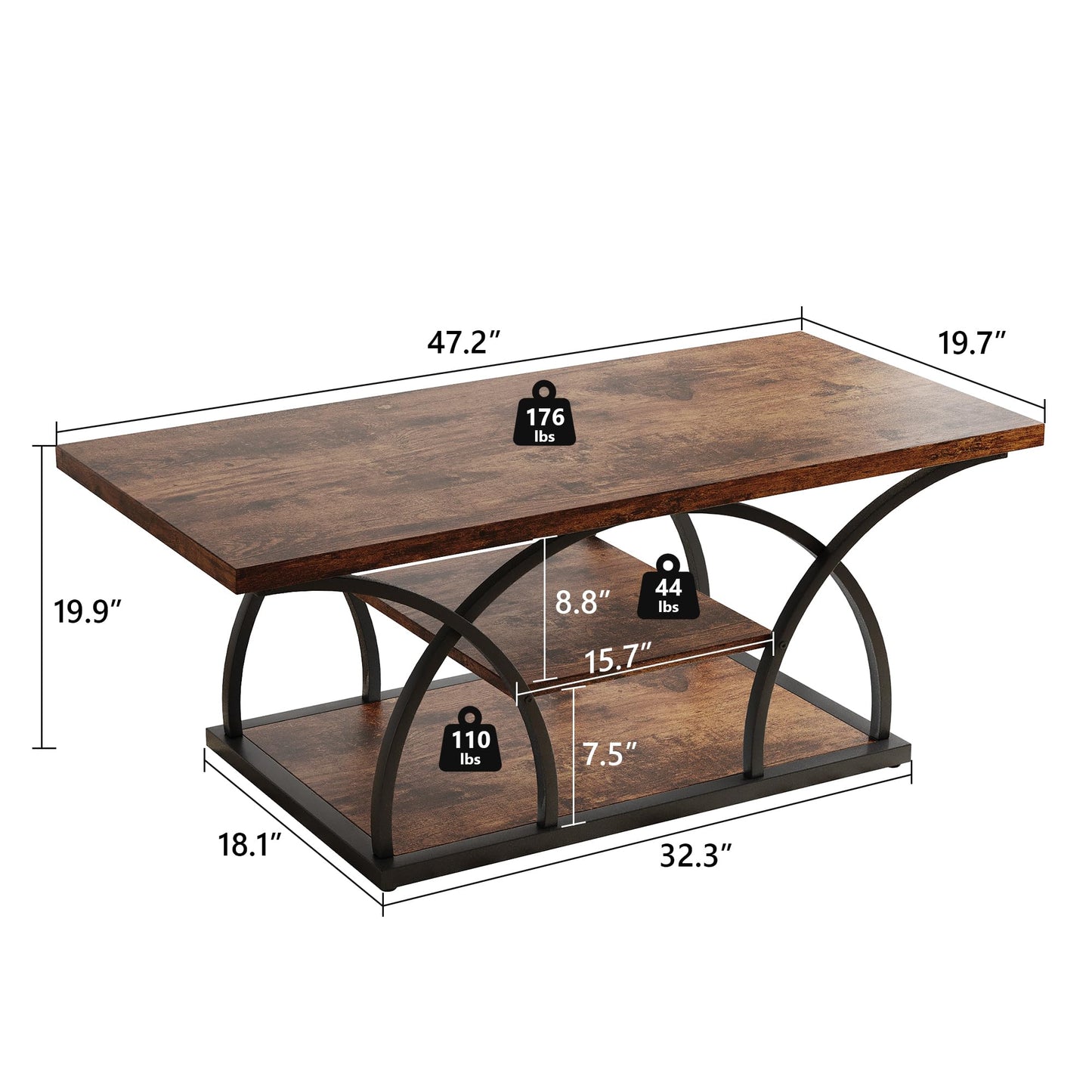 Rustic 3-Tier Coffee Table with Storage Industrial Wood Metal Frame