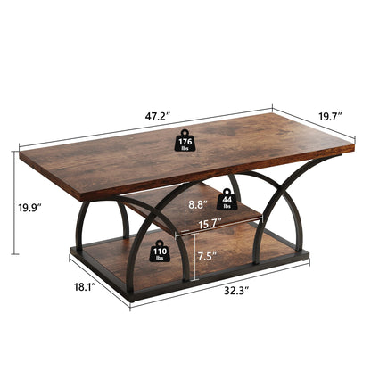 Rustic 3-Tier Coffee Table with Storage Industrial Wood Metal Frame