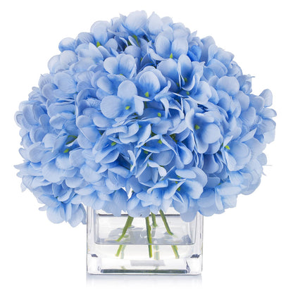 Silk Hydrangea Floral Arrangement in Cube Glass Vase with Faux Water Home Decor