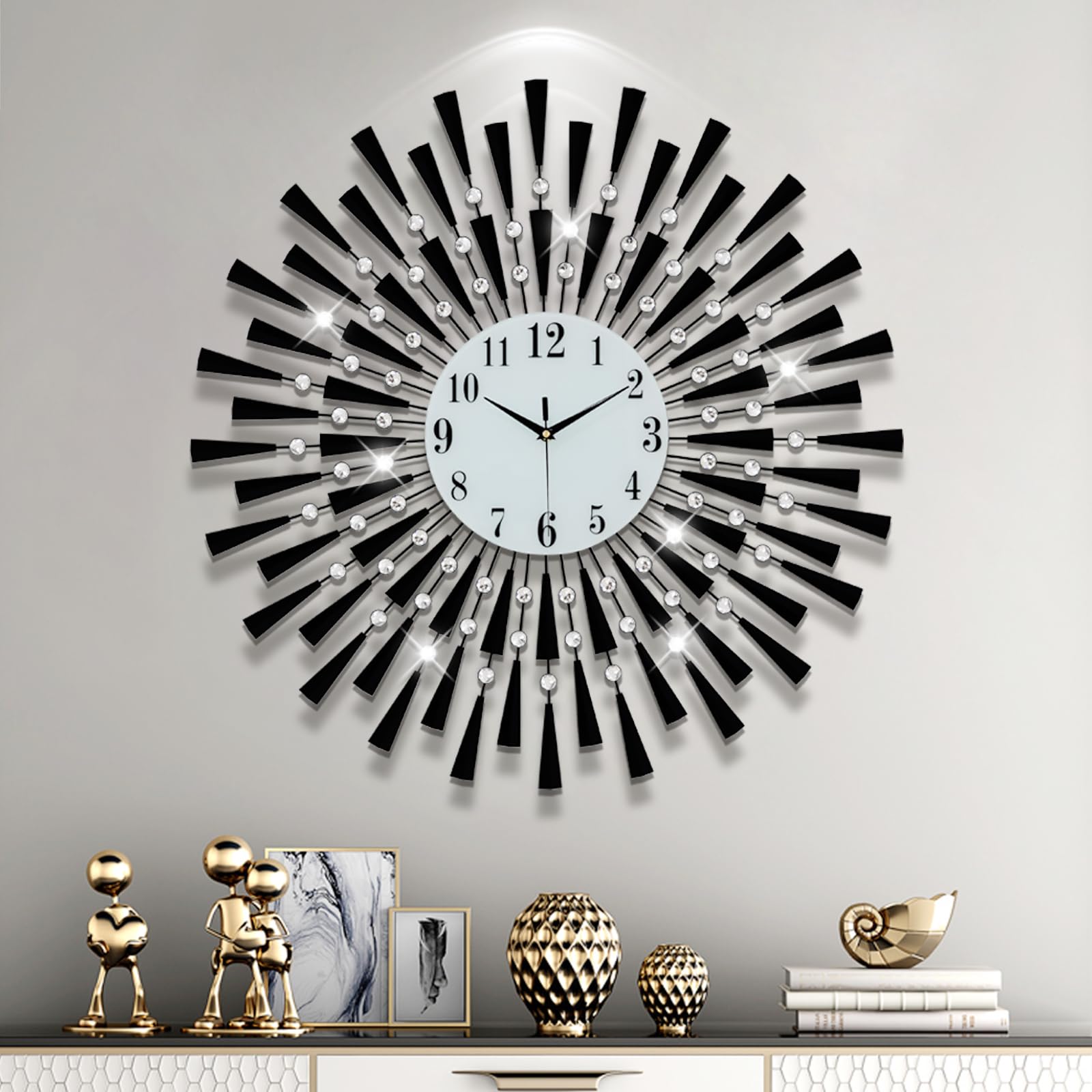 Large Round 3D Crystal Wall Clock with Silent Non-Ticking Design Battery Operated Home Decor for Living Room Bedroom Kitchen Office