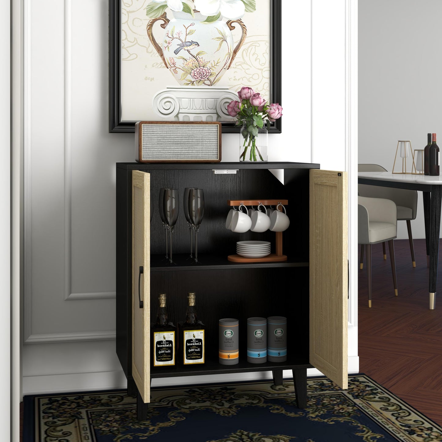 Rattan Door Sideboard Buffet Cabinet with Storage Accent Kitchen Cupboard
