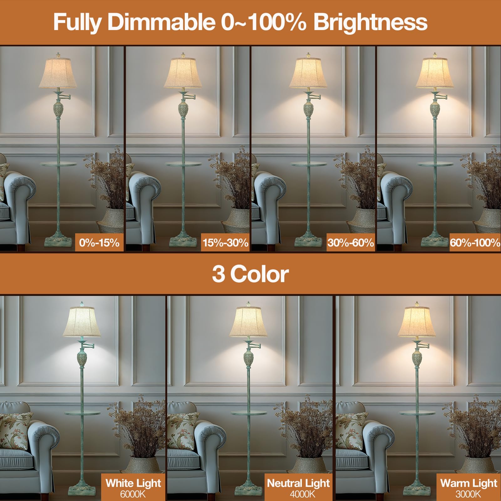 Vintage LED Floor Lamp with Adjustable Swing Arm Faux Silk Shade Rustic Standing Light for Living Room Bedroom Office