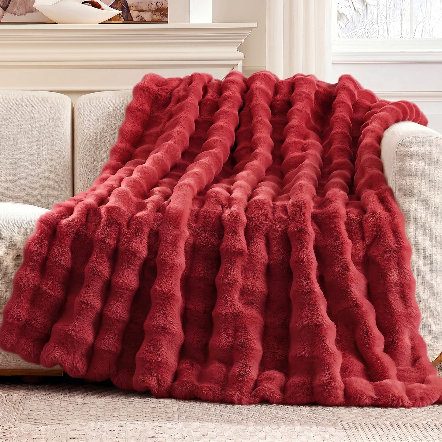 Faux Fur Throw Blanket Soft Plush Bubble Blanket for Couch Sofa Bedroom Living Room