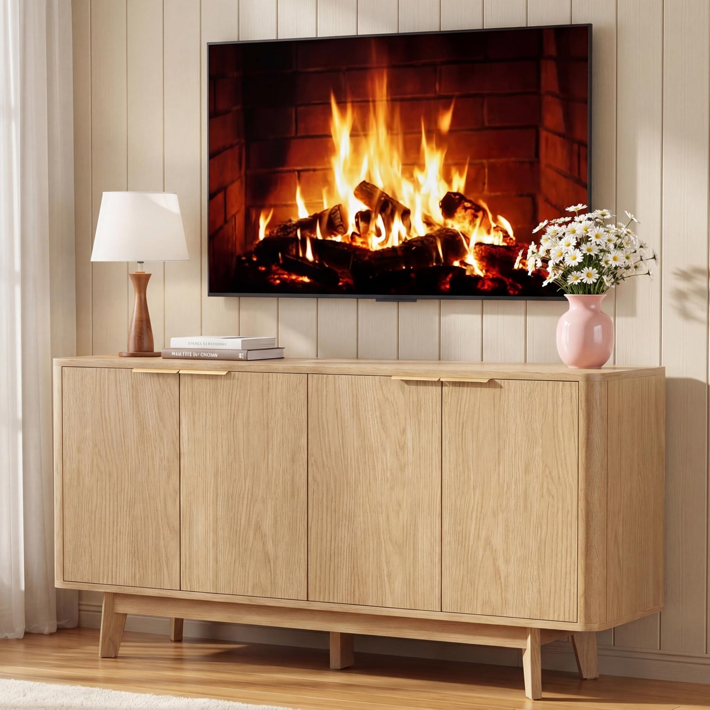 TV Stand for 70 Inch TVs with Sliding Doors and Storage Cabinets