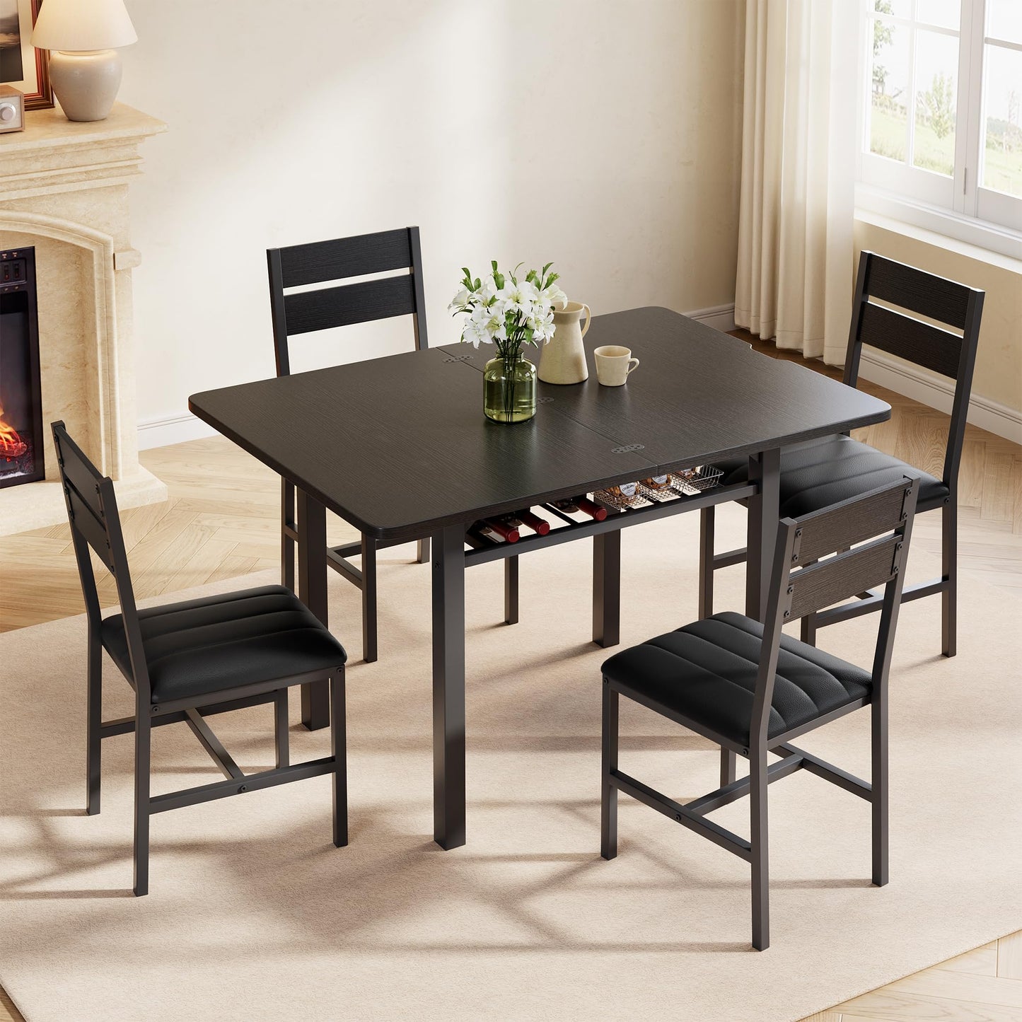 Extendable Dining Table Set for 4 with Upholstered PU Leather Chairs