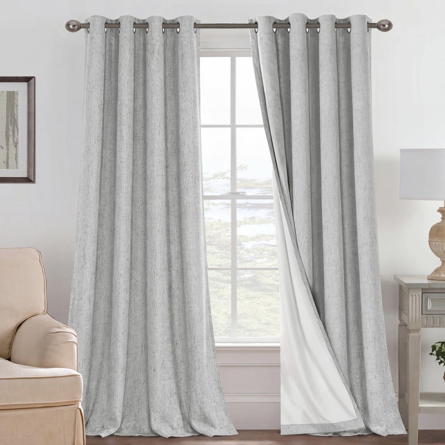 Linen Blackout Curtains Thick Textured Thermal Insulated Extra Wide Grommet Patio Door Drapes