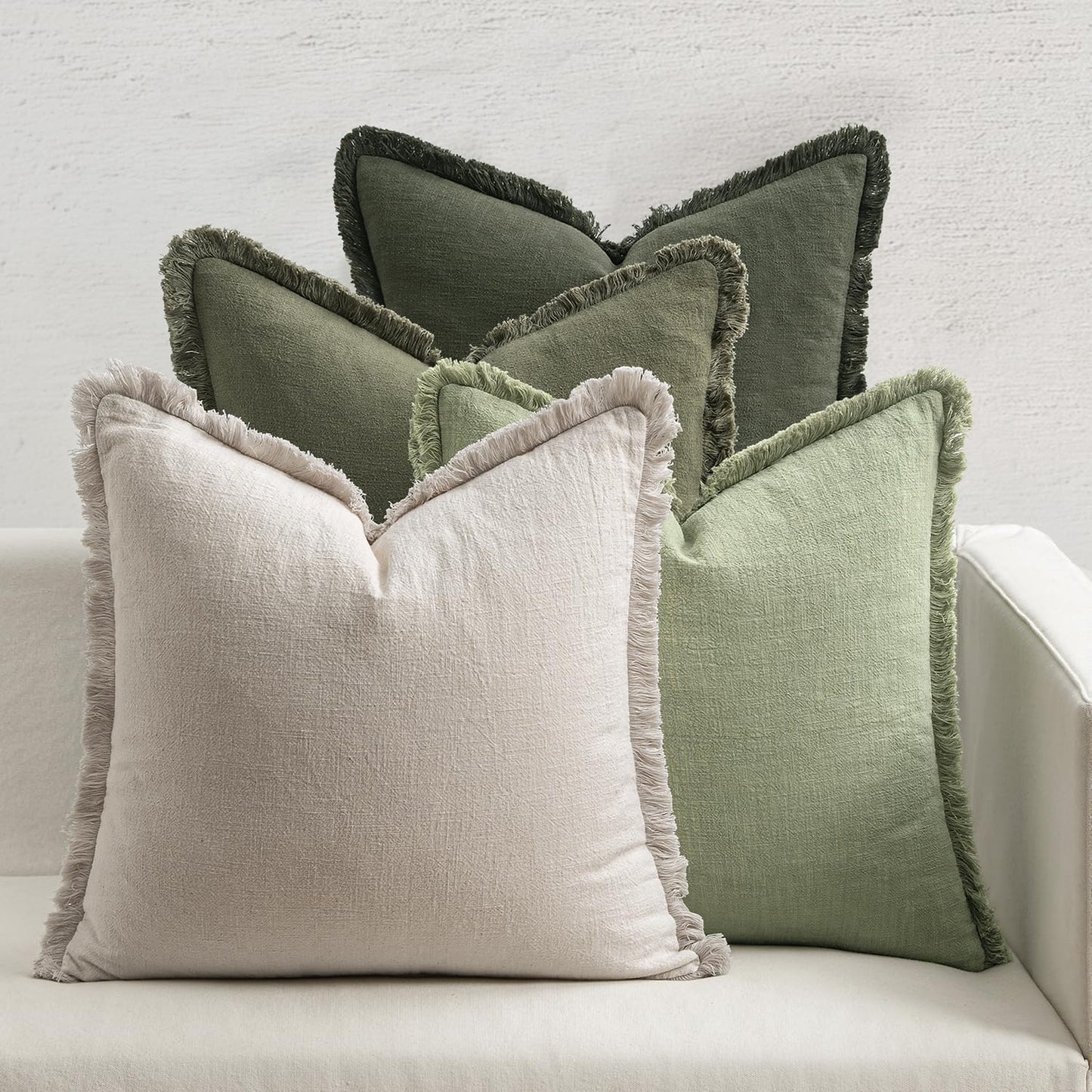 Neutral Linen Fringe Throw Pillow Covers Set of 4 Boho Farmhouse Tassel Cushion Covers for Sofa Bed Living Room Decor
