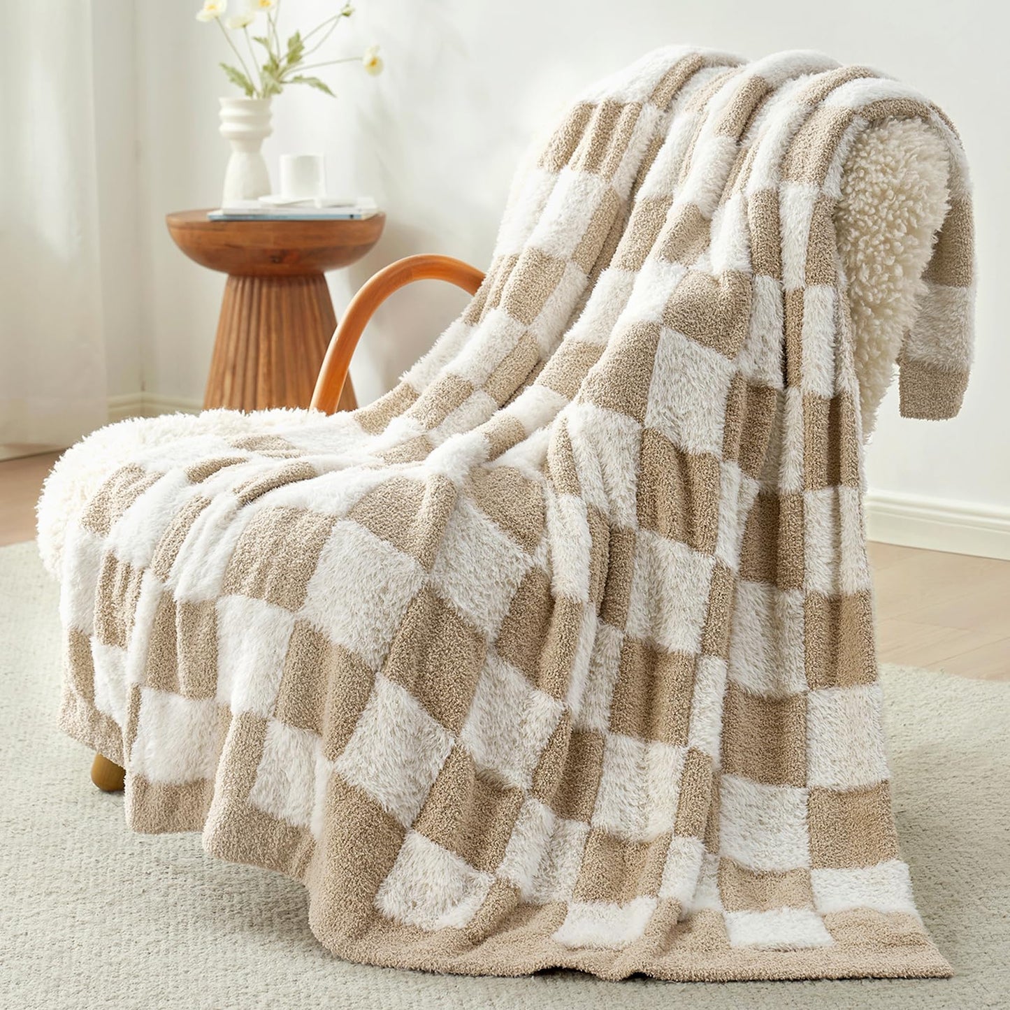Snuggle Sac Faux Fur Checkered Throw Blanket with Fluffy Microfiber Fabric