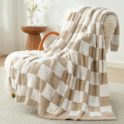 Snuggle Sac Faux Fur Checkered Throw Blanket with Fluffy Microfiber Fabric