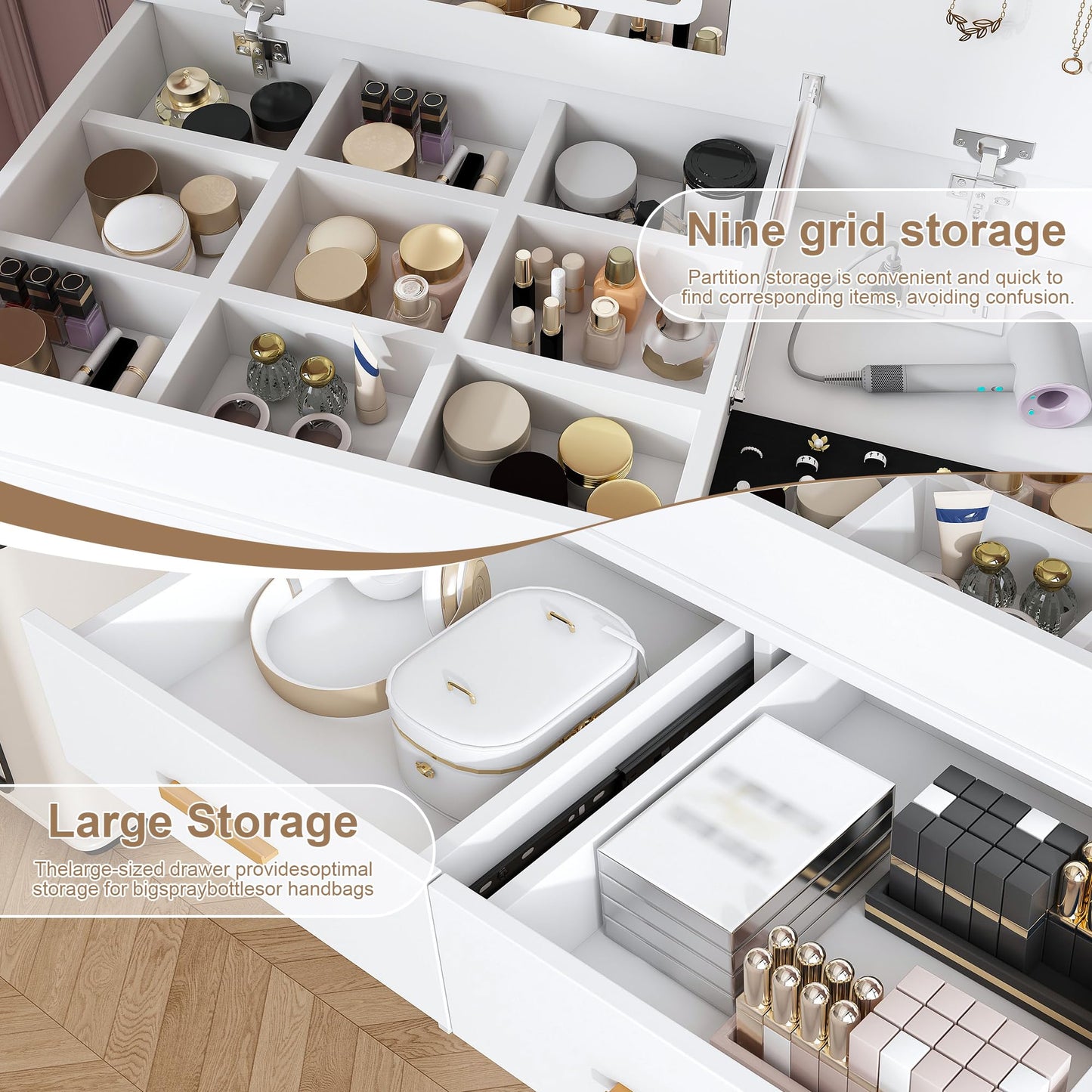 Flip Top Vanity Desk with LED Mirror, Power Outlet, Drawers and Storage Makeup Table