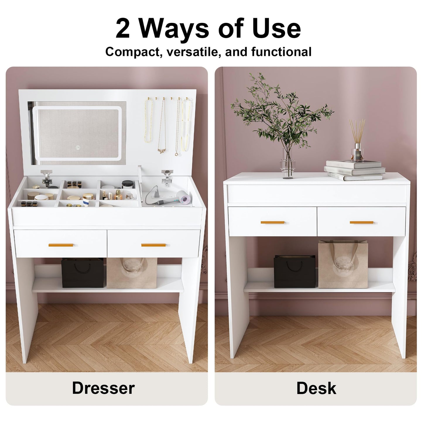 Flip Top Vanity Desk with LED Mirror, Power Outlet, Drawers and Storage Makeup Table
