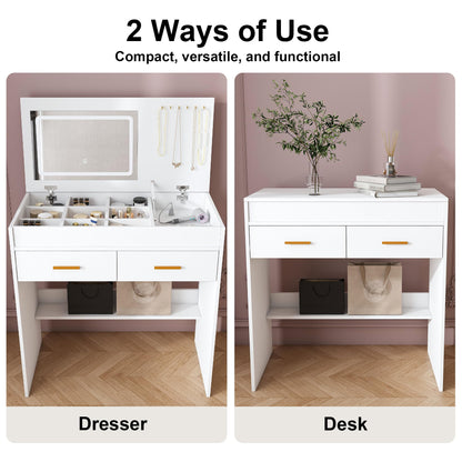 Flip Top Vanity Desk with LED Mirror, Power Outlet, Drawers and Storage Makeup Table