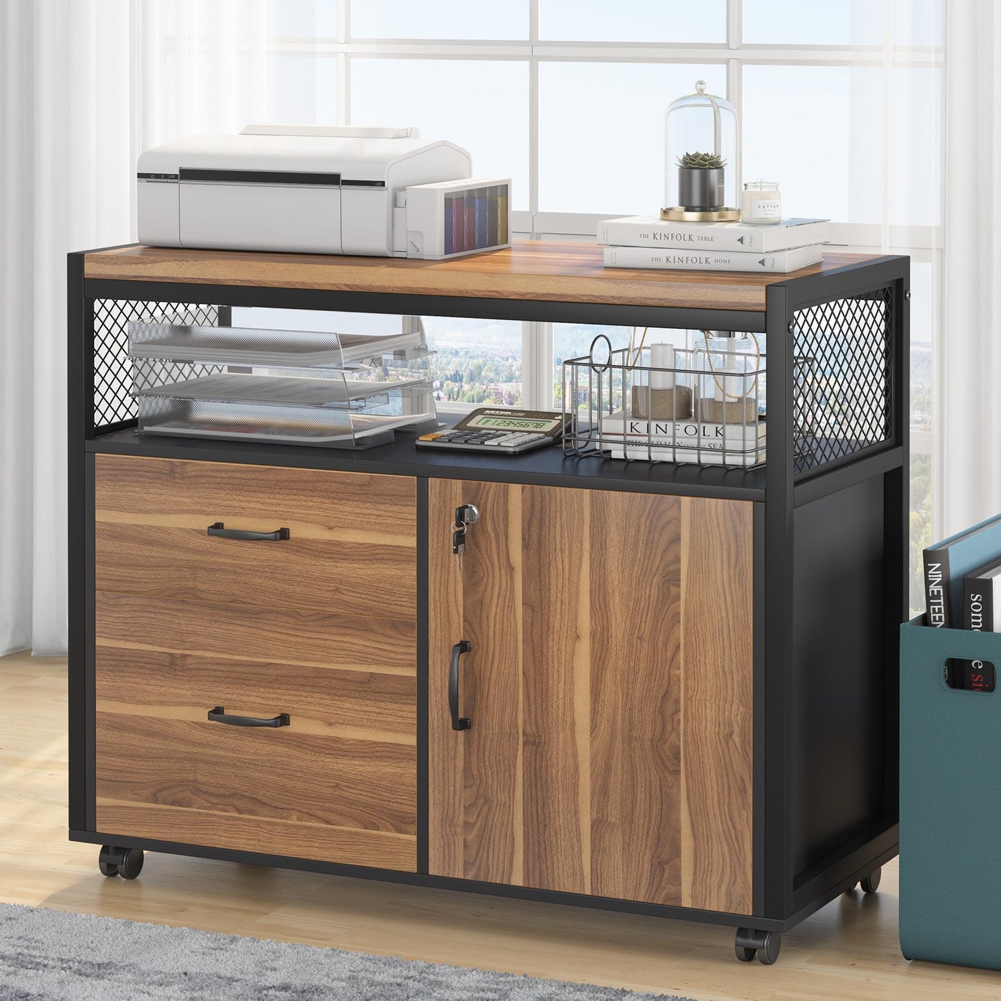 L-Shaped Executive Desk with Drawer Cabinet and File Storage Home Office Furniture