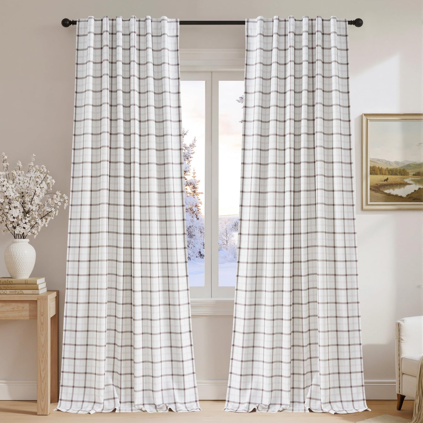 Linen Plaid Blackout Curtains Rod Pocket Back Tab Windowpane Drapes for Living Room Bedroom