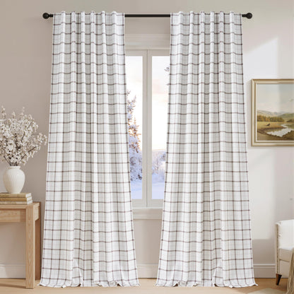 Linen Plaid Blackout Curtains Rod Pocket Back Tab Windowpane Drapes for Living Room Bedroom