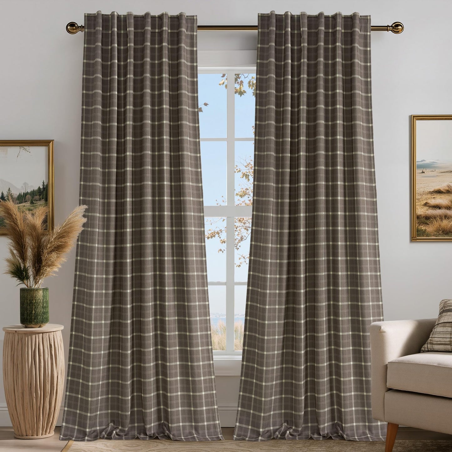 Linen Plaid Blackout Curtains Rod Pocket Back Tab Windowpane Drapes for Living Room Bedroom