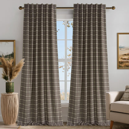 Linen Plaid Blackout Curtains Rod Pocket Back Tab Windowpane Drapes for Living Room Bedroom