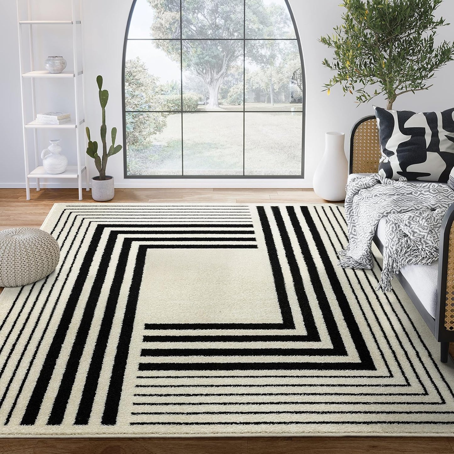 Geometric Beige Black Area Rug 3D Lines Modern Durable High Traffic Rug