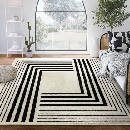 Geometric Beige Black Area Rug 3D Lines Modern Durable High Traffic Rug