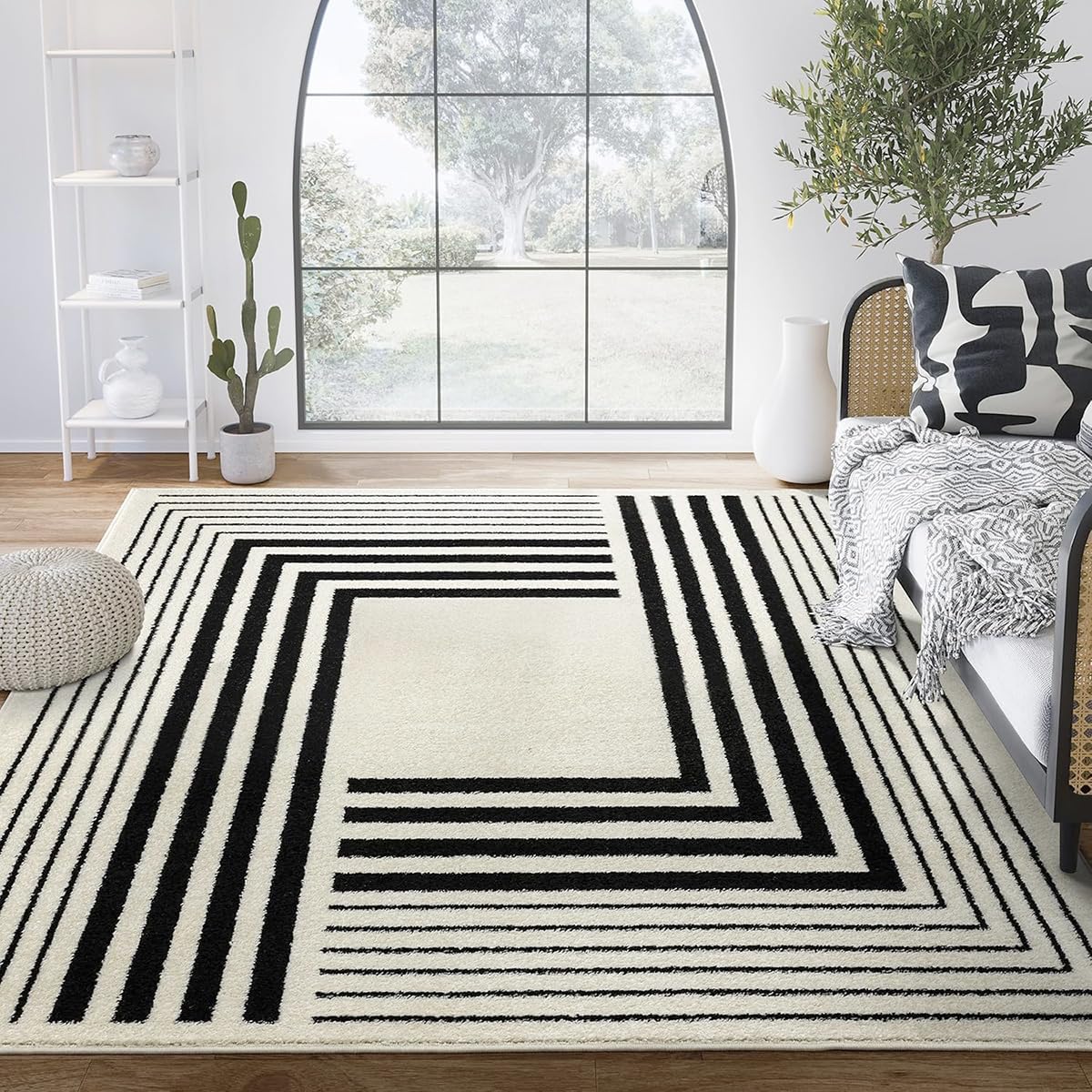 Geometric Beige Black Area Rug 3D Lines Modern Durable High Traffic Rug