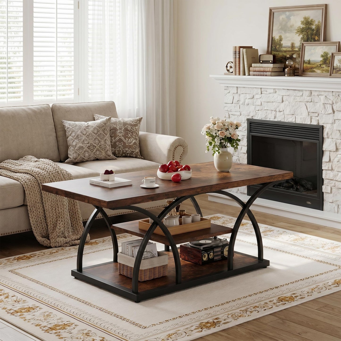 Rustic 3-Tier Coffee Table with Storage Industrial Wood Metal Frame