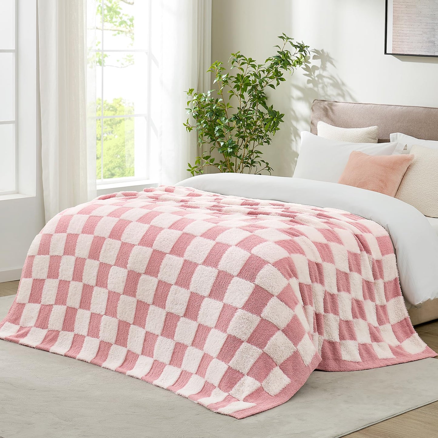 Snuggle Sac Faux Fur Checkered Throw Blanket with Fluffy Microfiber Fabric